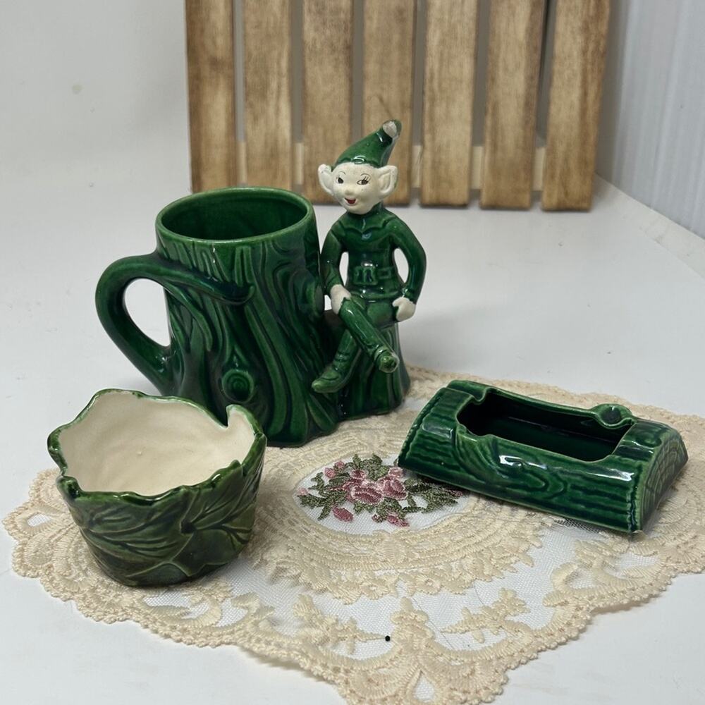 Treasure Craft Green Pixie Elf Tree Stump Cigarette holder with Ash Tray